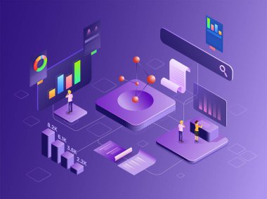 Şirketin büyüme veya başarı, farklı Infographic elemanları, finansal büyüme oranı ile çubuk grafik için veri analiz kavramı izometrik tasarım 3d çizimi. Kurumsal sektör için kullanılabilir.
