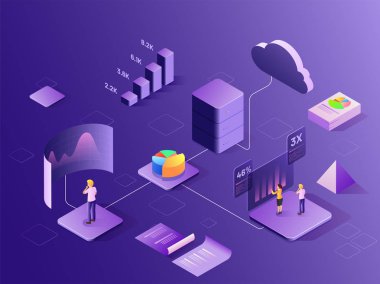 İş büyüme oranı hesaplama pasta veya çubuk grafik, bulut bilgi işlem veya veri depolama kavramı yardımıyla izometrik görünümü ile tasarım veri Analytics dayalı web şablonu.