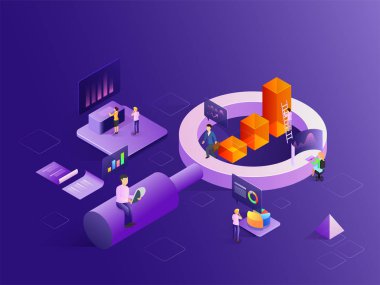Büyüteç çubuk grafik, iş analitik çözümleme için şirketin büyüme ve başarı ile 3D Illustration. Veri analiz kavramı için Web şablonu tasarım.