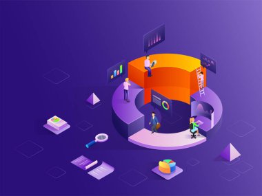 İş adamları analitik çözümleme infochar, başlangıç veya veri analiz kavramı için izometrik tasarım yardımı ile veri ile farklı büyüme aşamaları,.