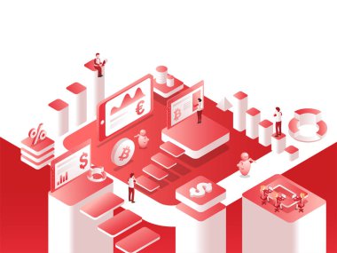 İzometrik görünümü kripto satım platformu analiz verileri, birlikte çalışan kişiler sanal para kavramı dayalı web tasarım şablonu.