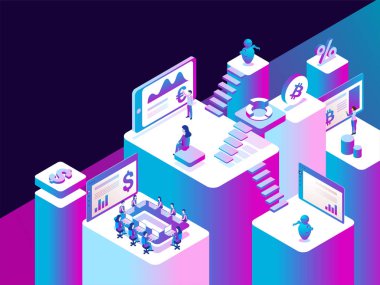 Sanal gerçek para satım platformu ile çalışan insanlar veya yürütme işlem verileri 3d çizimi, izometrik tasarım için web şablonu.