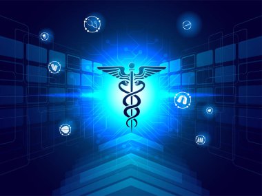 Tıbbi biyoteknoloji yenilik kavramı, parlak mavi bilim-kurgu arka plan üzerinde sağlık hizmetleri uygulaması için caduceus simgesinin resmi.