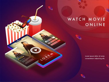 Online movie concept with isomeric set-up, movie playing on smart phone screens with 3D glasses, cold drink and popcorns.  clipart