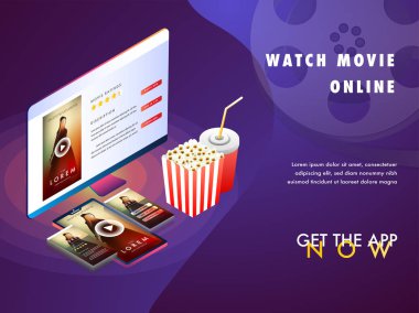 İsomeric kurulumu, masaüstü pc ve akıllı telefon ekran soğuk içecek ve popcorns ile oynayarak film online film konseptiyle. 