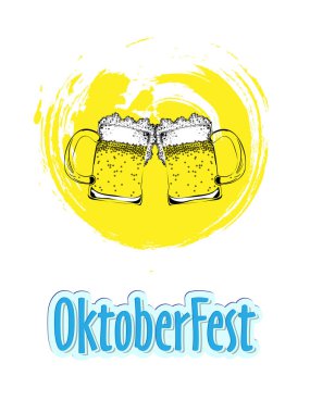 İki bira bardağı sarı fırça darbesi etiket stili metinle Oktober Fest, festival kutlama şablon el ilanı tasarımı üzerinde.