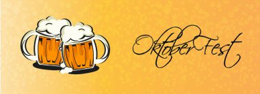 Oktoberfest üstbilgi veya afiş tasarımı ile iki bira bardağı Portakal kabarcıklar arka plan üzerinde.