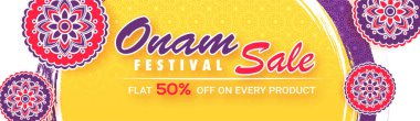 Onam Festivali satışı büyük başlığı veya arka plan üzerinde etiket tarzı içinde çiçek desenleri ile başlık için düz % 50 indirim teklif.