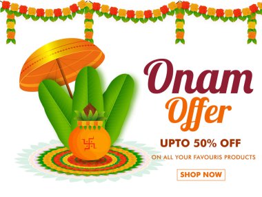 Upto % 50 indirim teklif Onam festival başlık sayfası veya poster tasarımı, rangoli, ibadet potu gösterimi için muz yaprakları, çiçek çelenk (toran ile dekore edilmiş beyaz arka plan üzerinde geleneksel şemsiye) .