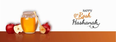Rosh Hashanah başlık sayfası veya poster tasarım, nar, damlatıcı bal kavanozu ile beyaz ve kahverengi zemin üzerine elma.