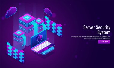 Açılış sayfası tasarımı, sunucuları ve güvenlik bölgesi altında laptop izometrik çizim ile sunucu güvenlik sistemi kavramı dayalı.