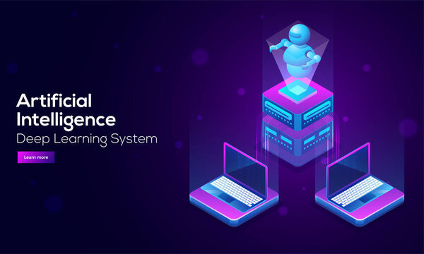 Искусственный интеллект (ИИ) посадки дизайн с 3D иллюстрацией робота на сервере, связанный с ноутбуком для данных и технологии концепции
.