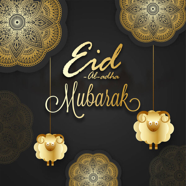 Shiny golden mandala design in sticker style, hanging sheep and stylish text Eid-Al-Adha on black background for Muslim festival celebration.