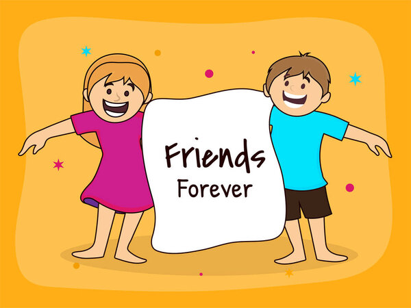 Happy kids character with holding poster of friends forever on yellow background for Friendship day celebration.