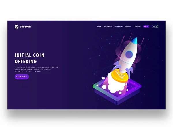 Första Mynt Erbjuder Ico Start Koncept Baserat Landning Sida Design — Stock vektor