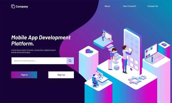 Responsives Web Template Design Mit Isometrischer Ansicht Arbeitender Menschen Download — Stockvektor