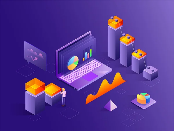 Isometric View Dari Laptop Dengan Grafik Batang Dengan Elemen Infografis - Stok Vektor