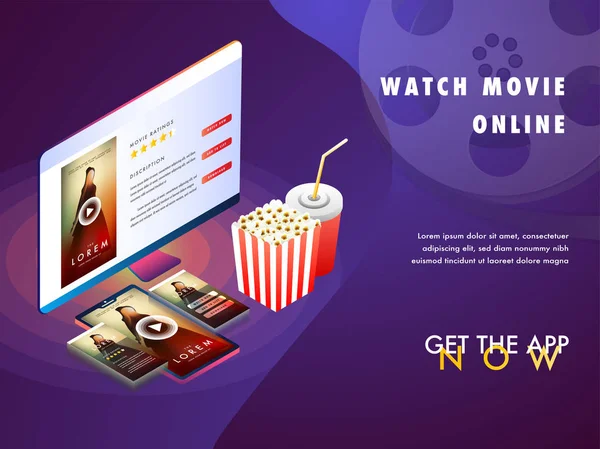 이성질체 차가운 음료와 Popcorns 데스크톱 Pc와 스마트 화면에 온라인 — 스톡 벡터