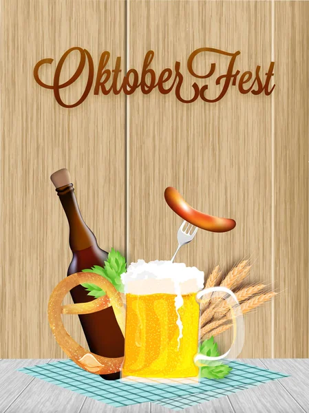 Diseño Póster Pancarta Oktoberfest Taza Cerveza Botella Salchicha Tenedor Pretzel — Vector de stock