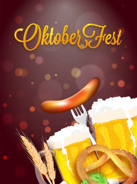 Concepto Festival Oktoberfest Ilustración Tazas Cerveza Salchichas Tenedor Pretzel Lúpulo — Vector de stock