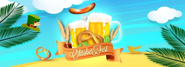 Oktoberfest Tête Dessin Bannière Avec Illustration Tasses Bière Fourchettes Bretzels — Image vectorielle