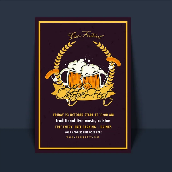 Oktoberfest Partij Uitnodigingskaart Ontwerpen Met Twee Bierpullen Worst Vork Krans — Stockvector