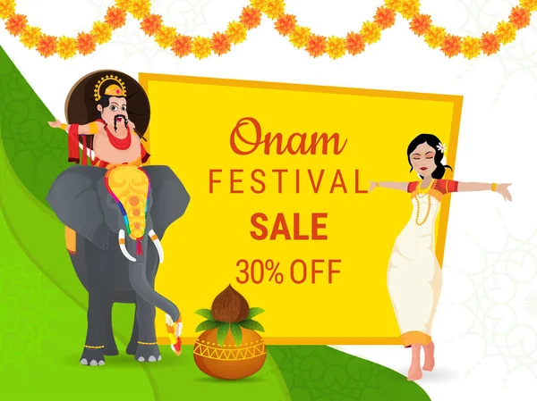 Onam Festival Försäljning Med Rabatterbjudande Illustration Kung Mahabali Elefant Dansande — Stock vektor