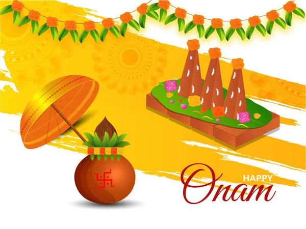 礼拝ポット 伝統的な傘のイラストと南インド祭りコンセプト装飾 Onathappan 幸せオナム祭バナーやポスター デザインの黄色のブラシ ストロークの背景に — ストックベクタ