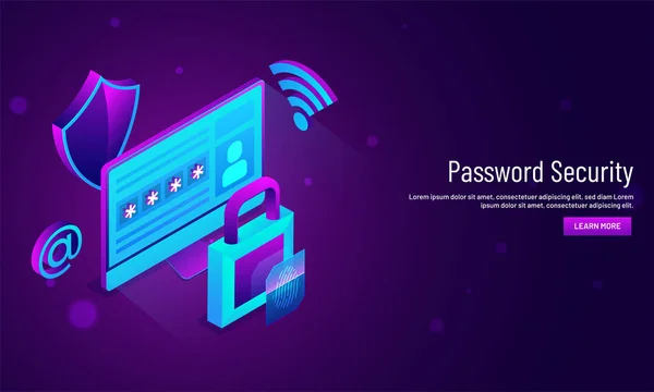 Password Concepto Seguridad Diseño Imagen Héroe Sensible Con Vista Isométrica — Vector de stock