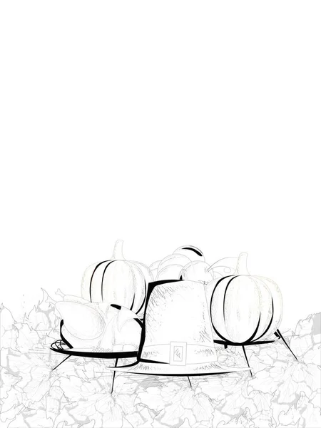 Template Flyer Design Hand Drawn Pumpkin Chicken Pilgrim Hat Maple — Stock Vector