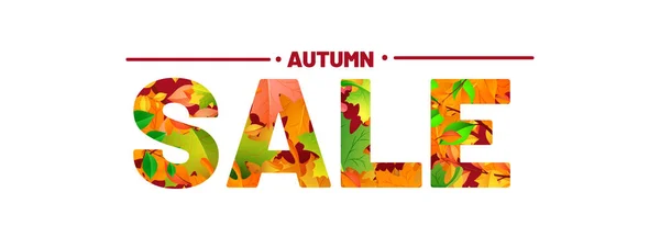Autumn Sale Banner Text Colorful Seasonal Leaves White Background — Stock Vector