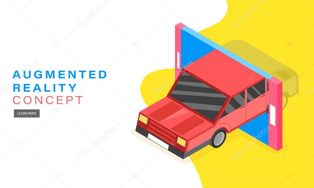 Augmented Reality (AR) concept based web template design with isometric illustration of car on smartphone screen.
