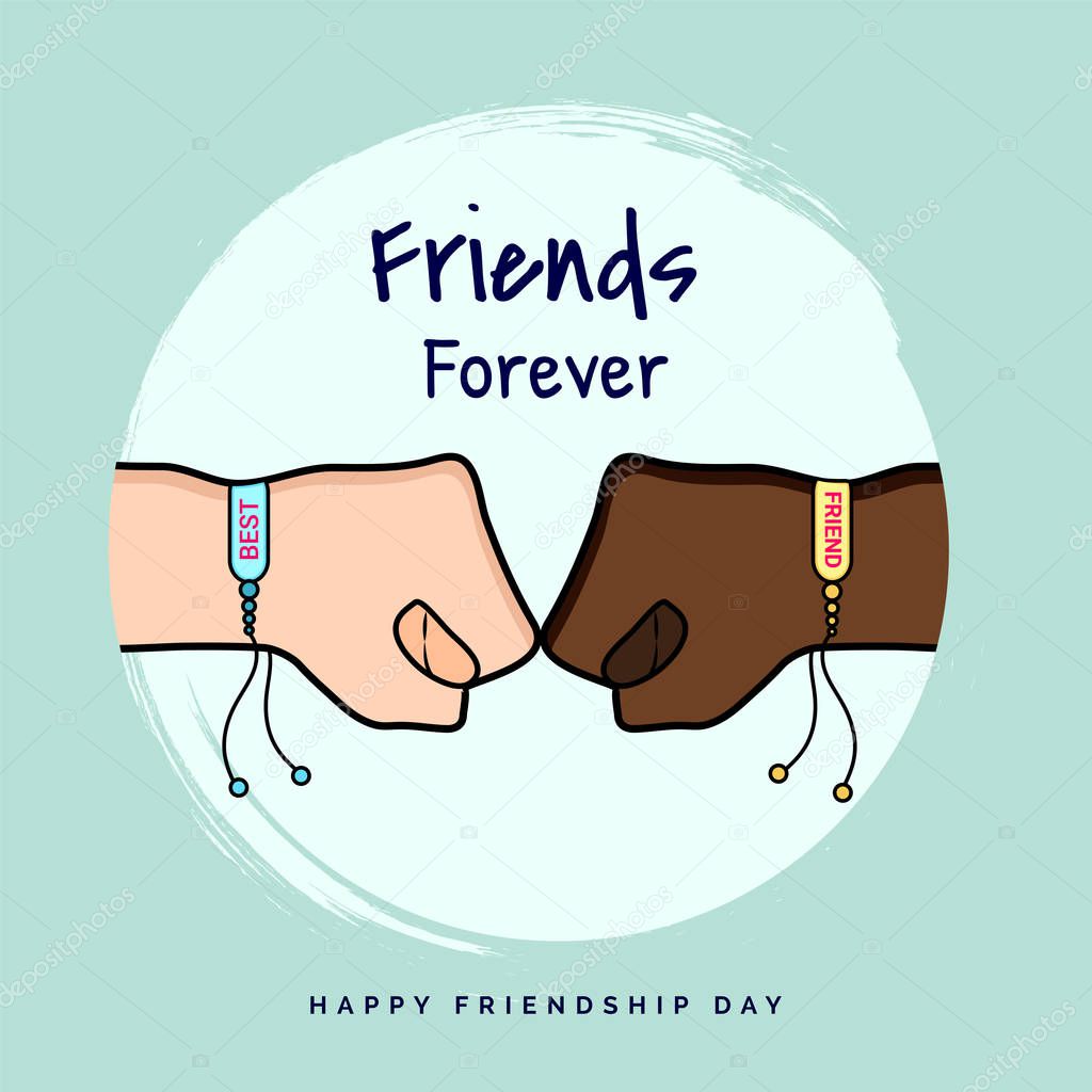 Friends forever greeting card design with two fists punching to each other and friendship band for celebration concept.