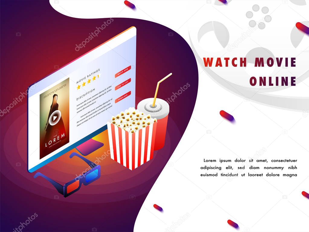 Online movie concept with isomeric set-up, movie playing on desktop pc, with 3D glasses, cold drink and popcorns. 