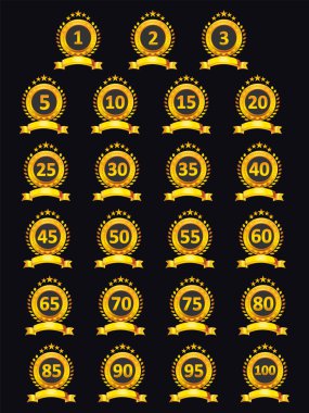 Siyah arka plan üzerine ayarla parlak altın rozet koleksiyonu.