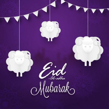 Koyun asılı ve Müslüman Festivali kutlama için mor arka plan üzerinde şık metin-kurban bayramı mübarek bayraklarıyla kiraz kuşu tarzı kağıt kesme.