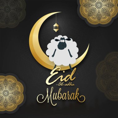 Sheep sitting on golden crescent moon and hanging lantern, mandala design decorated brown poster or banner with stylish text Eid-Al-Adha Mubarak. Muslim festival celebration. clipart