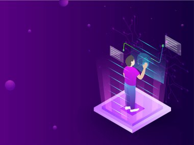 Biyometrik teknoloji kavramı tarama bir adamın temel alınarak izometrik tasarım unlock parola parmak izi tarayıcı. Modern, fütüristik Web sitesi şablon tasarımı.