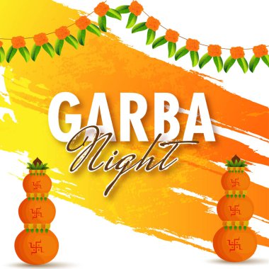 Tebrik kartı tasarımı ile şık metin Garba gece ve ibadet potu (Kalash) fırça darbesi, çiçek süs arka plan olay kutlama konsepti için.