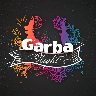 Poz ve çiçek doodle öğeleri dans çift ile Garba gece kutlama arka plan siyah arka plan üzerine dekore edilmiştir..