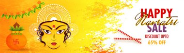 %65 indirim teklif, Hindu mitolojik Tanrıça Durga yüz, kalash ve çiçek çelenk (Toran) ile mutlu Navratri Satılık üstbilgi veya afiş tasarım soyut grunge etkisi arka plan üzerine dekore edilmiştir..