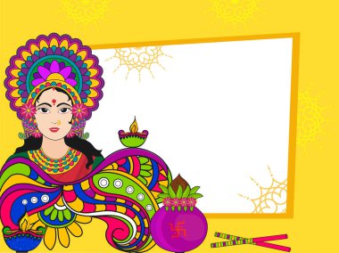 Hindu mitolojik Tanrıça Durga festivali kutlama için sarı, soyut çiçek arka plan üzerinde boş beyaz bir çerçeve ile renkli doodle çizimi.