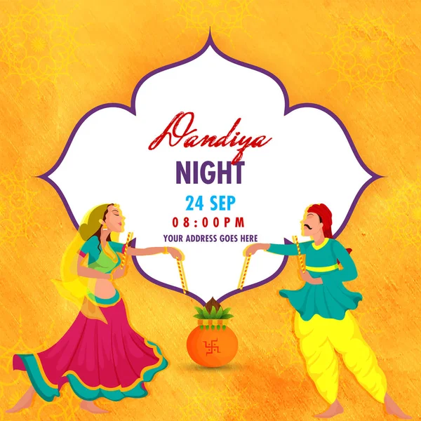 插图的情侣在舞蹈姿势抽象花卉 黄色背景为 Dandiya 夜事件庆祝 海报或传单设计 时间和地点的细节 — 图库矢量图片