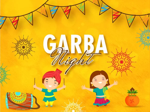 贺卡设计与快乐的孩子在舞蹈姿势 Dhol 在橙色花的背景上装饰旗为加尔巴事件庆祝 — 图库矢量图片