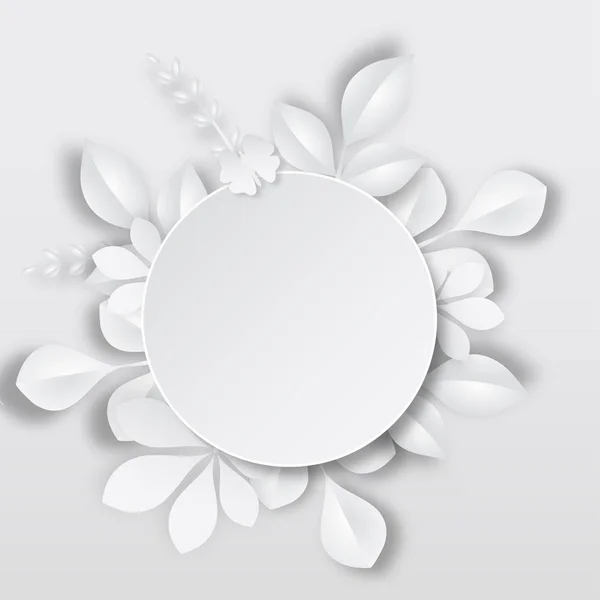 Style Coupe Papier Cadre Circulaire Blanc Sur Fond Feuilles — Image vectorielle