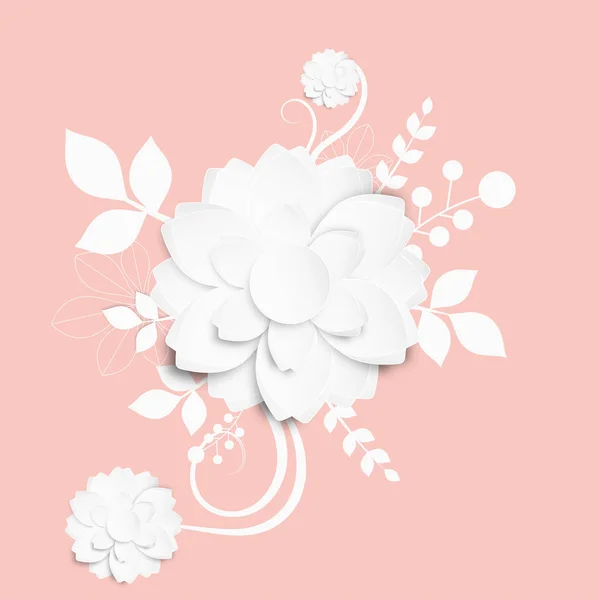 Estilo Corte Papel Ilustração Desenhos Flores Brancas Fundo Rosa —  Vetores de Stock