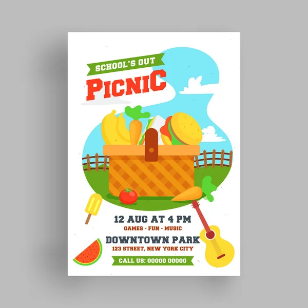 School Out Picknick Poster Flyer Ontwerp Met Uitzicht Natuur Lekker — Stockvector