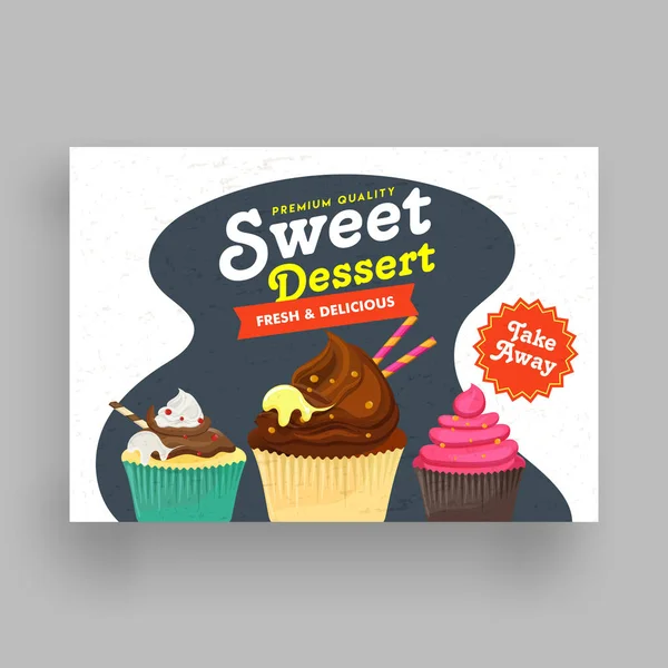 Süßes Dessert Flyer Design Mit Illustration Von Süßigkeiten Und Cupcakes — Stockvektor