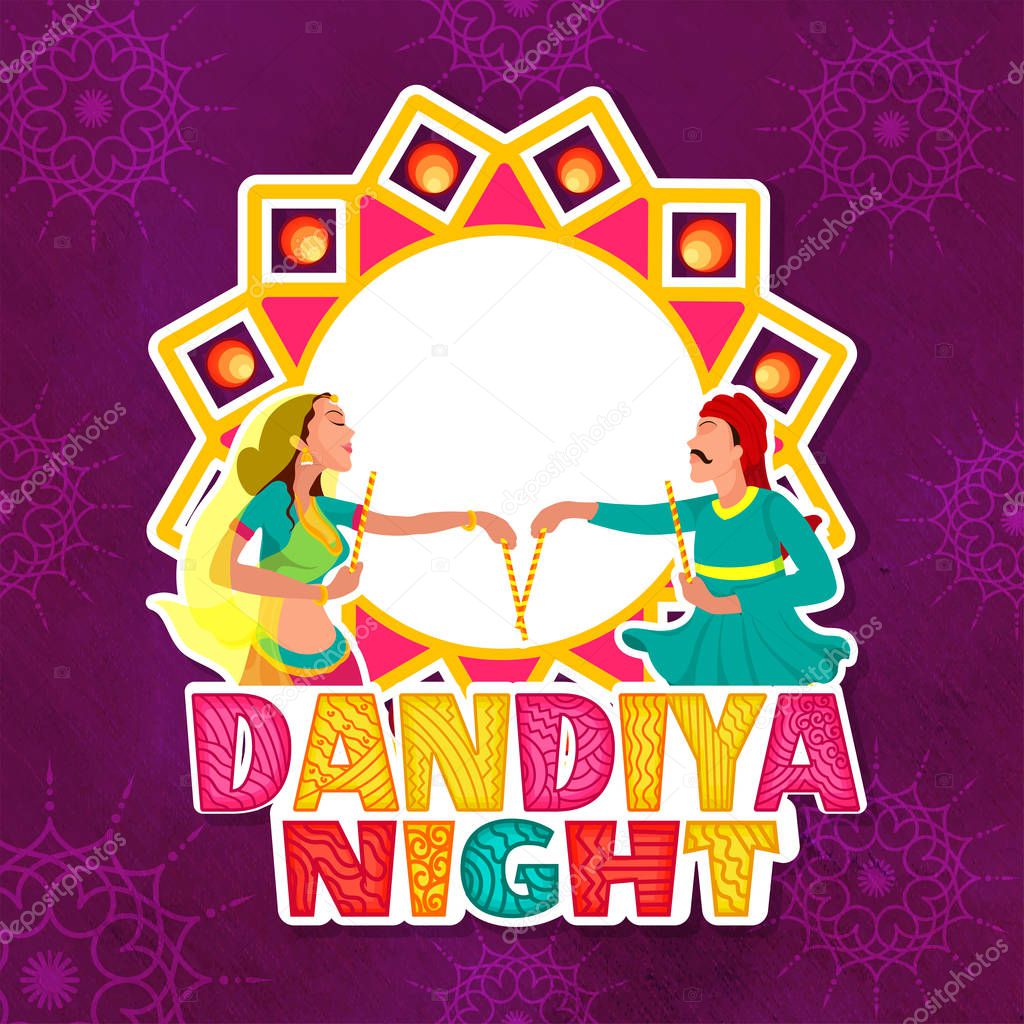 Sticker style, colorful, doodle text Dandiya Night, couple performing traditional dance with blank floral frame on abstract purple background.