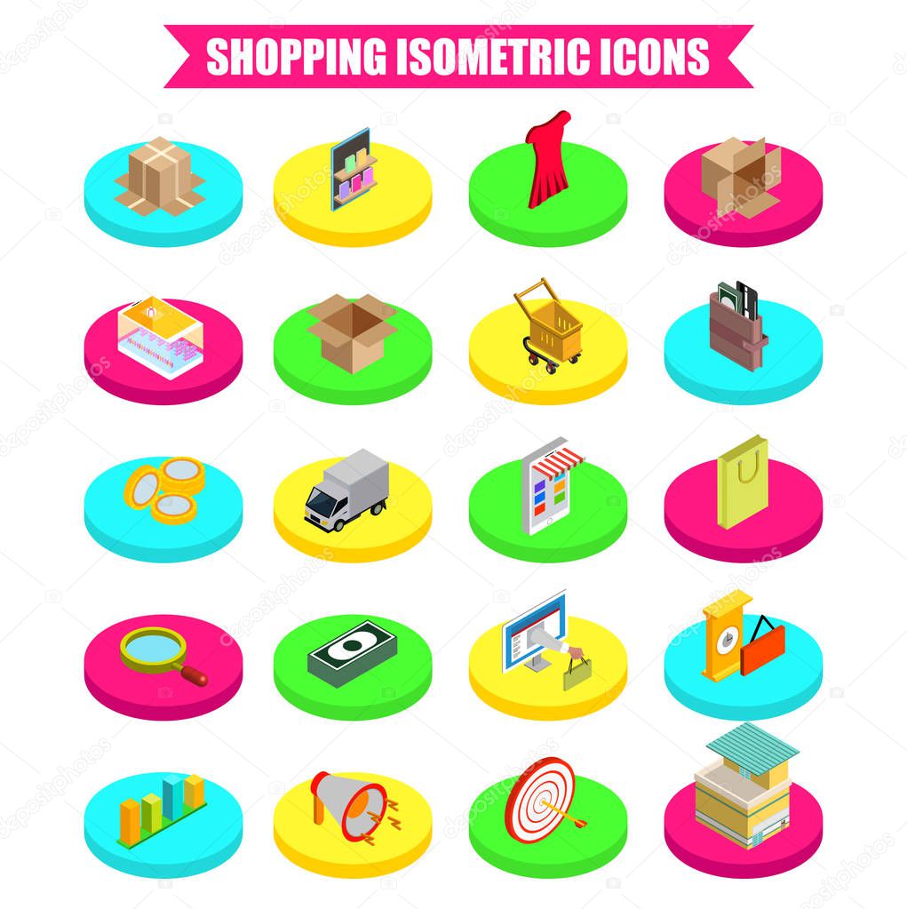 3D isometric icon set for shopping and sale concept.